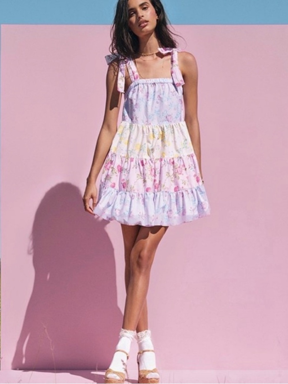 LoveShackFancy Pastel Floral Tiered Tie-Shoulder Dress